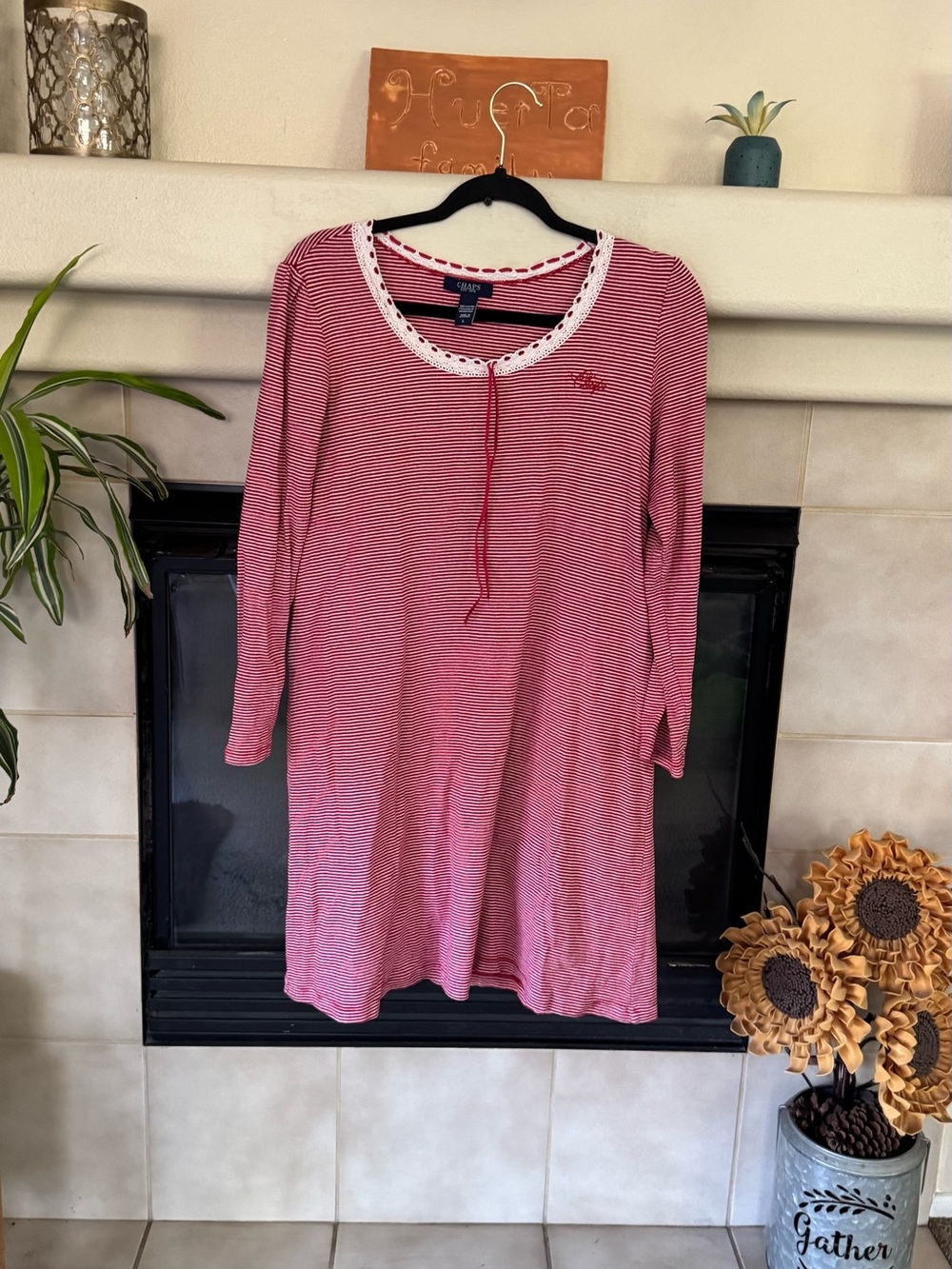 Chaps Pink and White Striped Long Sleeve Nightdress with Lace Trim